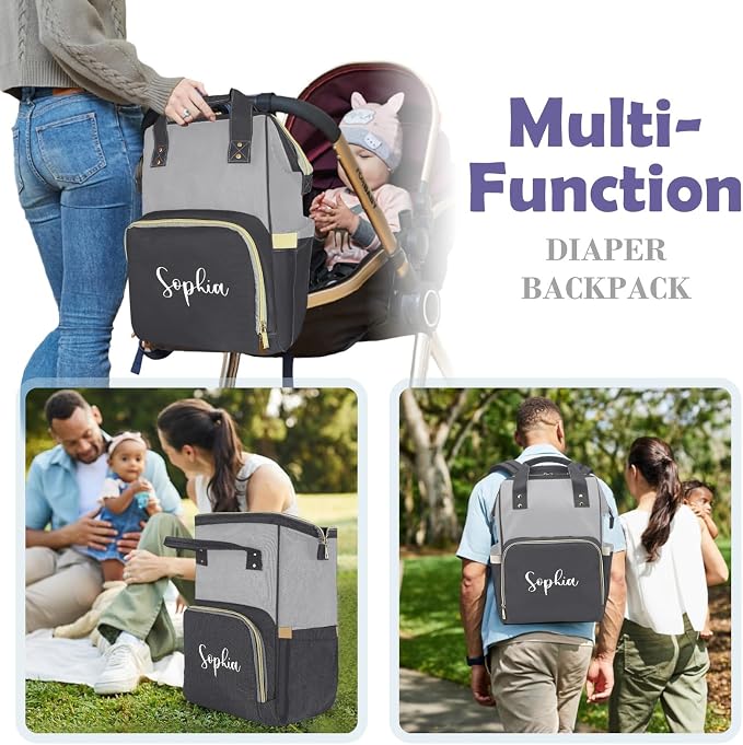 Custom Diaper Bag with Name Personalized Multifunctional Mommy Backpack for Daughter Granddaughter, Black Daypack Bag for Travel