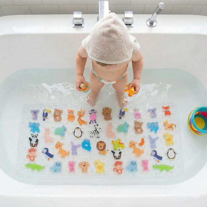 Cute Cartoon Non-Slip Bath Mat for Tub - Anti-Slip Kids Bathtub Mat, Slip-Resistant Shower Mat for Bathroom Safety, 35 X 15.3 Inch, Easy to Clean (Animals Collection)