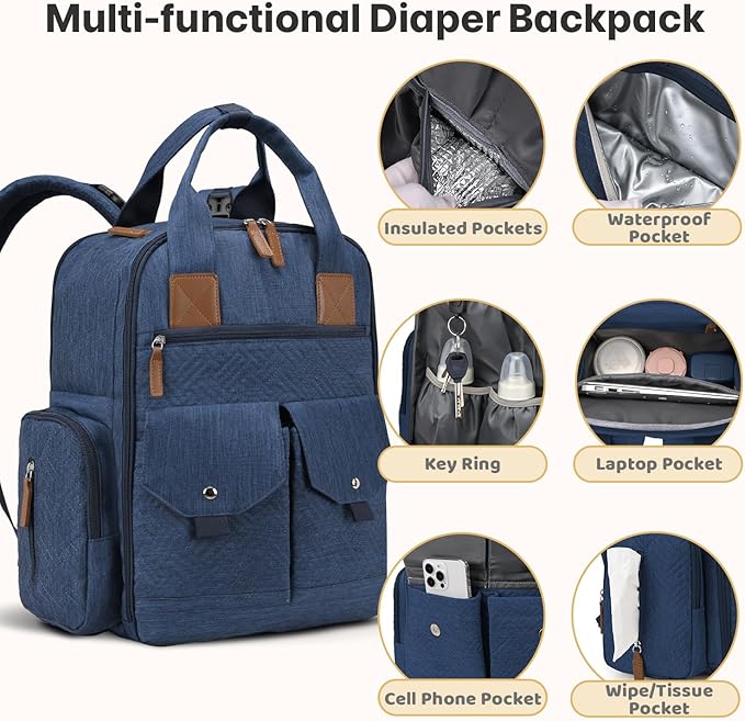 JSTPRO Diaper Bag Backpack - Large Diaper Bag with Portable Changing Pad as Baby Shower Gifts, Lightweight Waterproof Unisex Travel Baby Bag with 4 Insulated Pockets and Stroller Buckles, Dark Blue