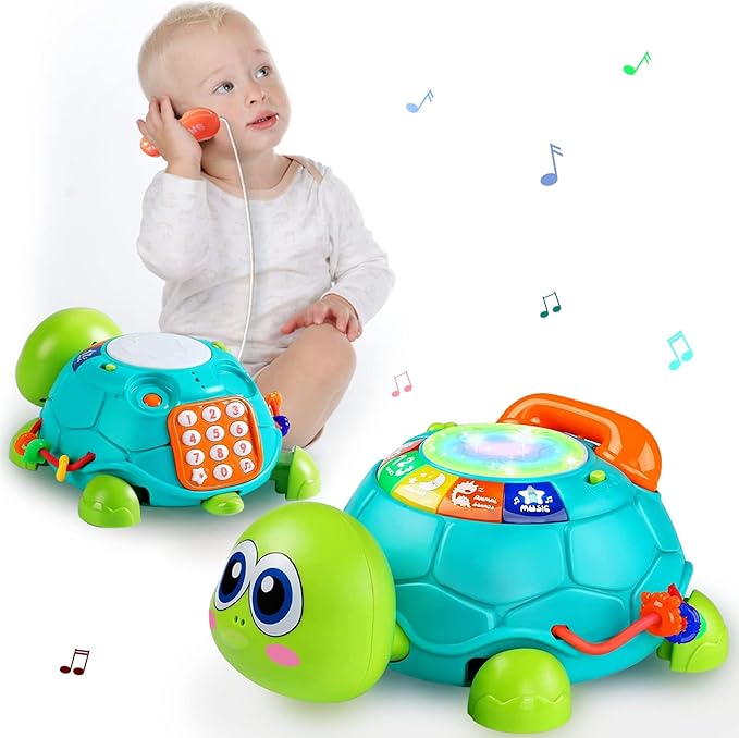 Ussybaby Baby Crawling Toys 6 to 12 Months, Infant Turtle Musical Toys with Phone Hand Drum,Baby 7 8 9 10 11 Months 1-2 Year Old Boy Girl Gift Green