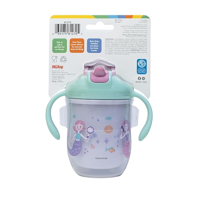 Nuby 2-in-1 Insulated Toddler Cup with 360° Weighted Straw & Hard Spout - 7 oz - Leak-Resistant with Easy Grip Handles - 4+ Months - Mermaids