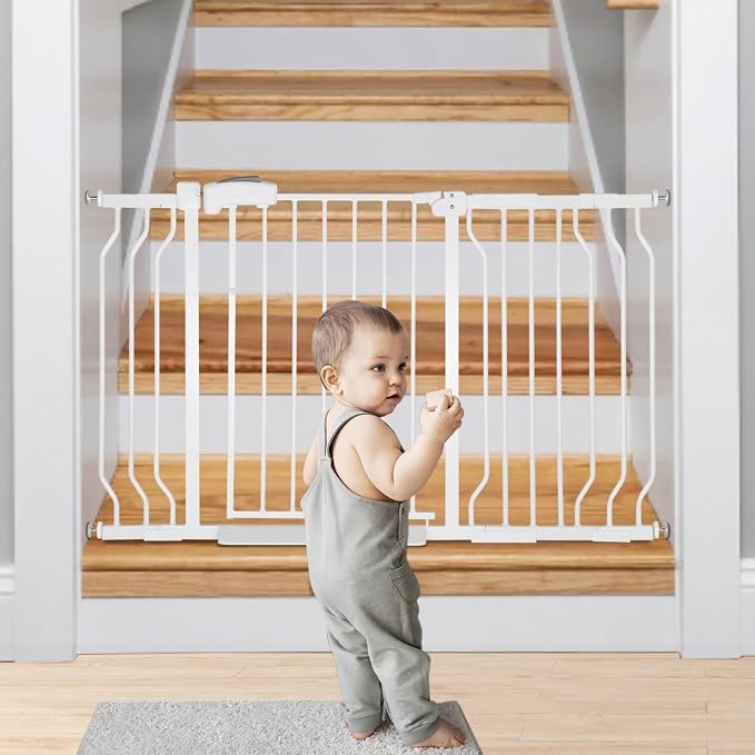 Extra Wide Baby Gate for Stairs Doorways with Door, 30" Tall 29-52.5" Wide Easy Install Dog Gate Indoor, Safety Metal Pressure Mounted Pet Gate with Walk-Thru Auto Close for the House, White