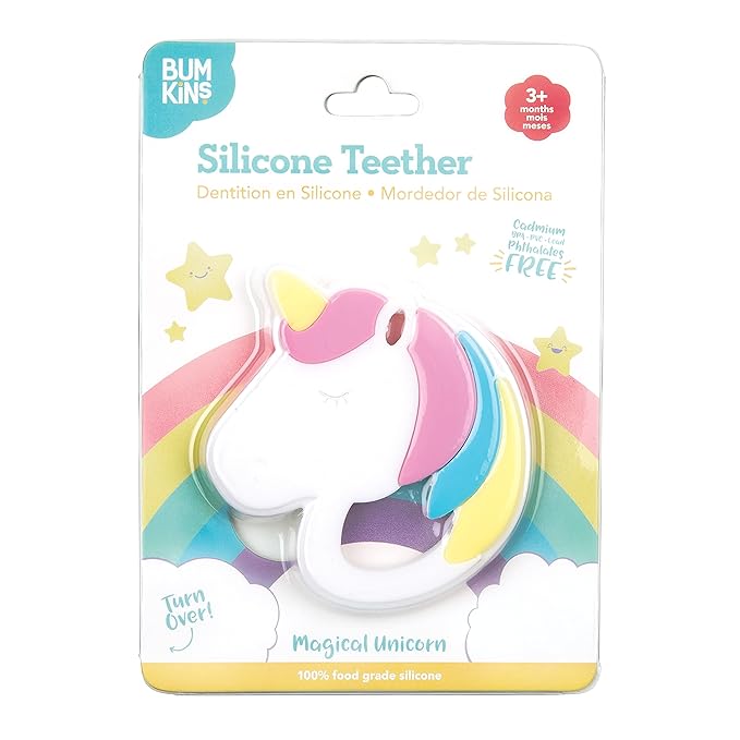 Bumkins Baby Teething Freezer Toy Keys Rings, Soft Flexible Silicone Pacifier, Safe to Chew, Cool Teether Gum Relief, Essentials for Babies 3 Months, Freezable, Sensory Textured, Unicorn