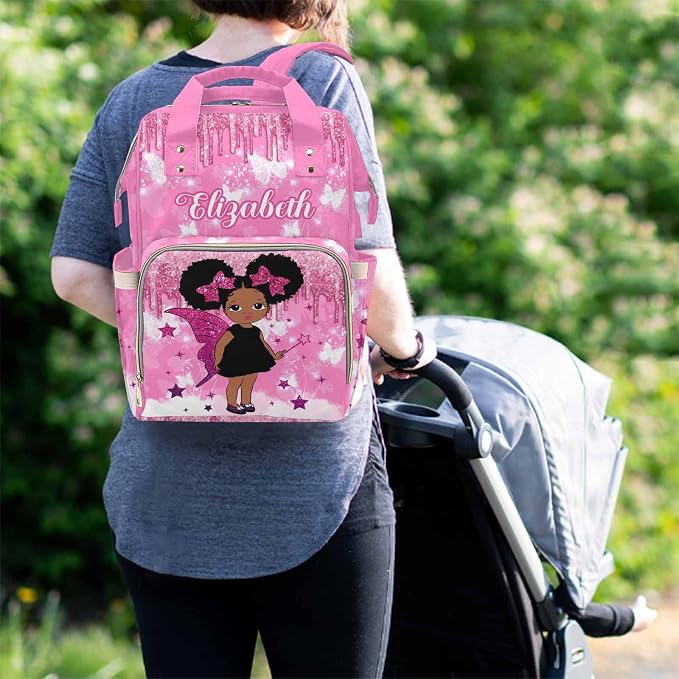 M YESCUSTOM Custom Name Mommy Backpack Personalized Butterfly Diaper Bag Customized Casual Daypack Bag Unisex Travel for Mom Dad Pink