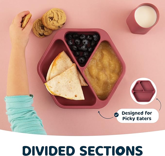 Tiny Twinkle Silicone Suction Baby Plate, Suction Grip Divided Dish for First Foods and Self-Feeding Toddlers, Baby Led Weaning Supplies for Independent Eating (Burgundy Plate with Lid)