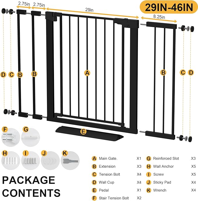 29-46 inches Metal Baby Gate for Stairs/Doorways, 30 inches Tall Pressure Mounted Pet Gates, Auto-Close Child Safety Gate, No Drilling Easy Walk-Through Dog Gate Indoor, Black