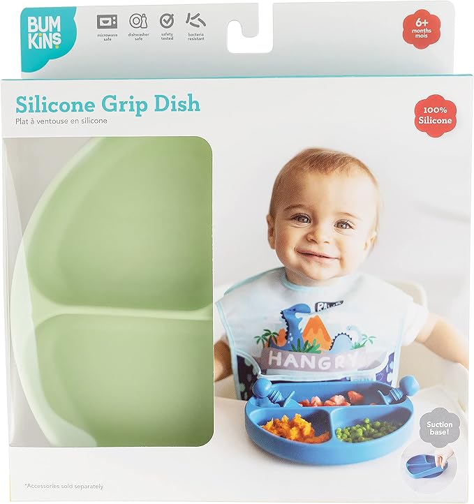 Bumkins Silicone Grip Dish, Suction Plate, Divided Plate, for Baby and Toddler, BPA Free, Microwave and Dishwasher Safe – Sage (Pack of 2)