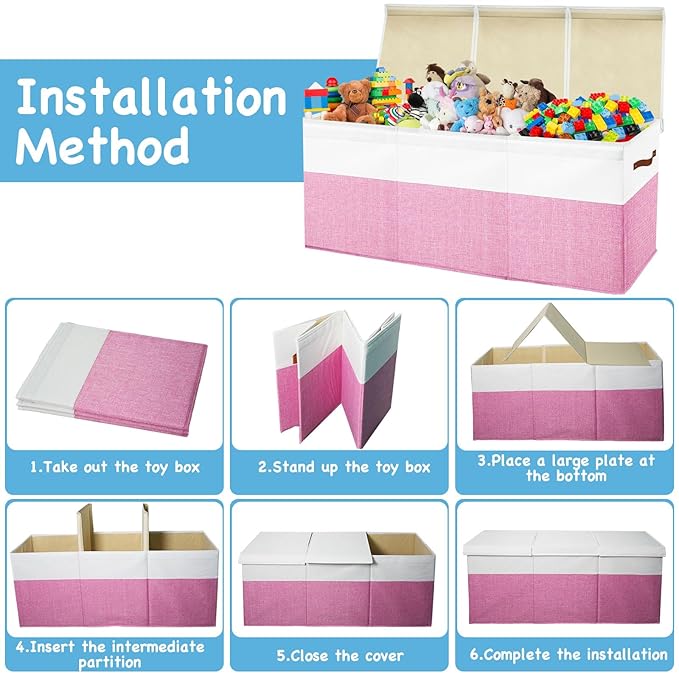 Large Toy Box Chest,Toy Storage Organizer,Storage Bins with Lids,Stuffed Animal Storage,Toy Bins for Kids,Toddlers,Baby,Girls,Nursery,Living room,playroom(Pink)
