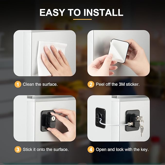 Fridge Lock, 2PCS Upgraded Refrigerator Lock for Freezer, Cabinets and Drawers, Air Fryer, Closets, Windows, Doors, Durable ABS with Adhesive Backing, Easy Install, No Tools Needed, Black