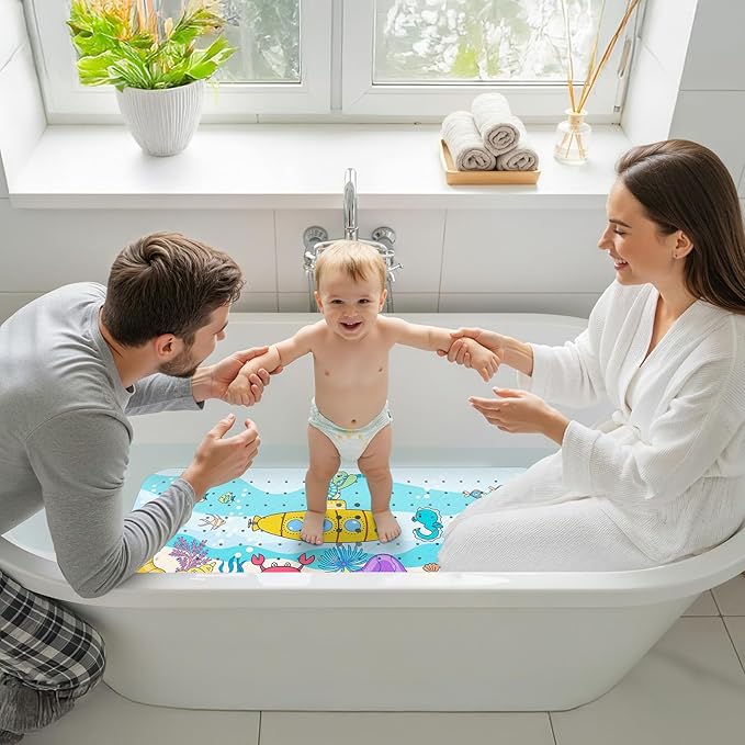 Upgrade Cartoon Baby Bath Mat Non Slip -40"x16" Extra Long Bathtub Mat for Baby Eco Friendly Durable Bath Mat for Tub Non Slip Kids Tub Mat with Suction Cups, Machine Washable and No Fading, Submarine