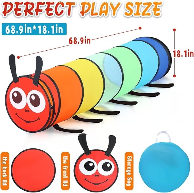 Moncoland Kids Play Tunnel Tent for Toddlers, Pack of 2 Colorful Pop Up Crawl Tunnel Toy Baby or Pet, Collapsible Gift Boy and Girl Tunnel Indoor Outdoor Game