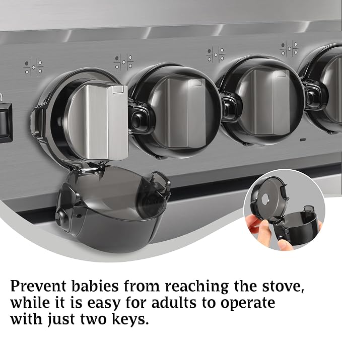 Stove Knob Safety Covers, for Knob Diameter Less Than 2.4", Dual Grip Safety Shield, Press Gas Stove Knob Locks, Creative Oven Lock Knob Covers for Child Safety, Black Color, Pack of 5