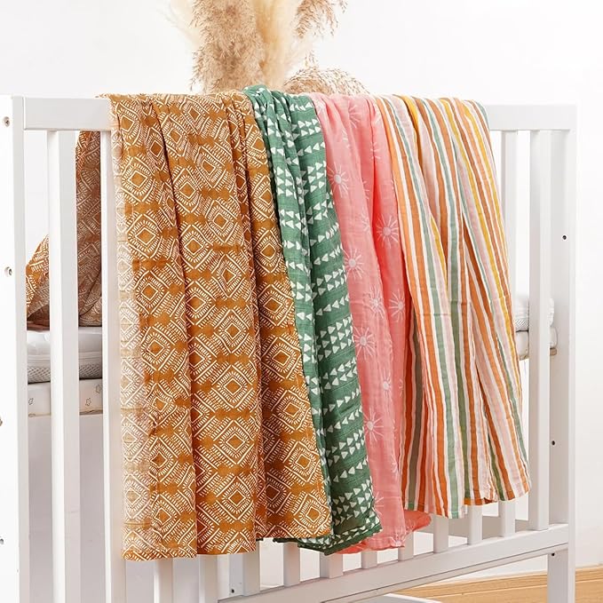 4 Set Muslin Swaddle Blankets for Newborn Baby Boys, Girls,Receiving Blankets-Cute Soft Print Baby Towel Wrap 120x110cm Baby(Leaf)