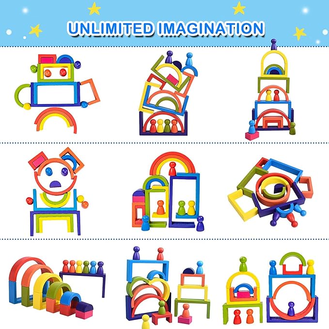 Wooden Toys, Montessori Toys for Kids 3 4 5 6+Years Old Boys Girls Rainbow Stacking Blocks Set Preschool Activites Educational Toy Gifts for Toddler-19PCS