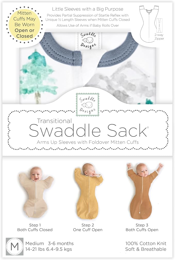SwaddleDesigns Transitional Swaddle Sack, Arms Up Half-Length Sleeve Mitten Cuff, Most Gradual Transition Swaddle for Newborn