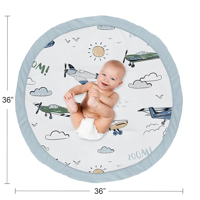 Sweet Jojo Designs Vintage Airplane Boy Baby Play Mat Tummy Time Activity Infant Playmat Playpen Tent Teepee Floor Grey Green Blue White Yellow Airplanes Plane Transportation Clouds Sun Sky Aviator