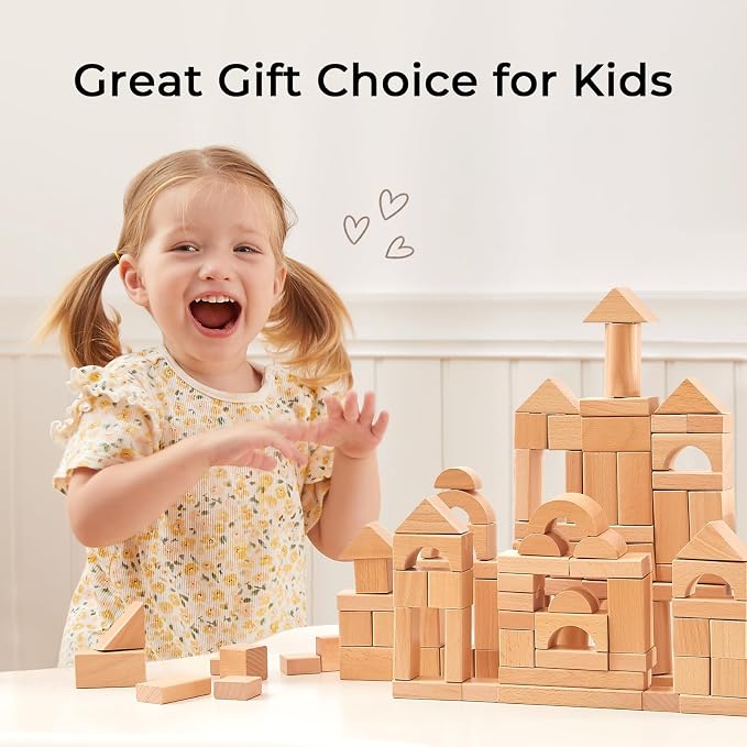 100pcs Natural Beech Wooden Building Blocks for Toddlers 1-3, Wooden Blocks for Baby Shower with Storage Bucket, Montessori Toys for Preschool Girls and Boys