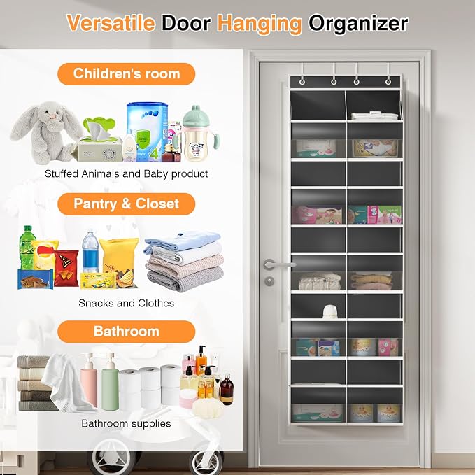 Over the Door Organizer 5 Tiers, Extra Large Behind Door Storage of 10 Big Front 10 Mesh Pockets, 80 lbs Door Organizer Hanging Heavy Duty Over the Door Storag for Closet Bedroom Nursery Pantry Black