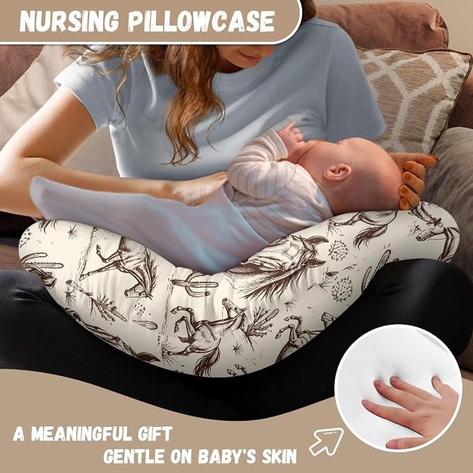 Jeiento Cartoon Western Cowboy Horse Nursing Pillow Cover for Mom Soft Comfortable Breastfeeding Feeding Pillow Slipcover for Newborn,Zipper U-Shape Pillowcase Decor