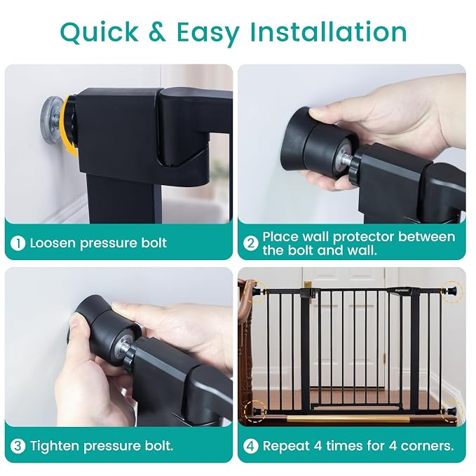 Mumeasy 4 Pack Baby Gate Wall Protector Extender – Pressure Mounted Safety Gate Extension Kit 0.78-3.96 in, Protects Walls & Doorways from Pet & Dog Gates, Works on Stairs & Door, Black