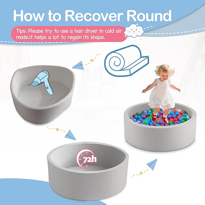 35.4" x 11.8" Foam Ball Pit for Toddlers, Baby Round Balls Pool for Babies 1-3, Kids Play Ball Pits for Boys and Girls, Balls Not Included, Grey
