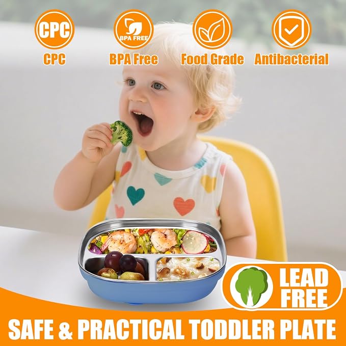 2 Pack Stainless Steel Kids Plates with Suction | 7.68" Spill-Proof High-Rim | 2 Spoons & Removable Sleeves | Microwave/Dishwasher Safe | BPA-Free, Non-Slip, Unbreakable Toddler Plates (Blue)