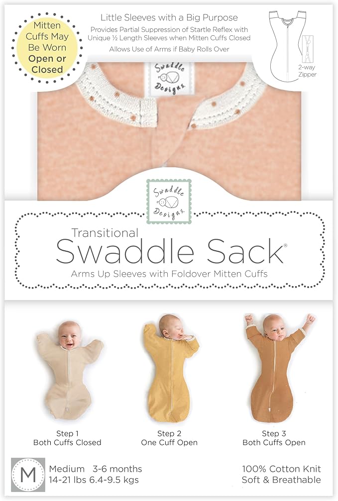 SwaddleDesigns Transitional Swaddle Sack, Arms Up Half-Length Sleeve Mitten Cuff, Most Gradual Transition Swaddle for Newborn