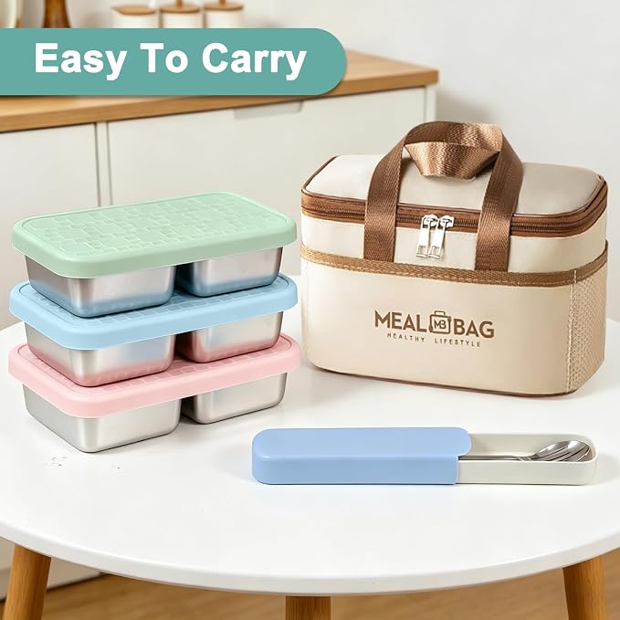 3 Pack 15 oz Stainless Steel Snack Containers for Kids | Metal Snack Box with Silicone Lids,2 Compartment Stackable Toddler Lunch Containers with Insulated Bag for School Travel