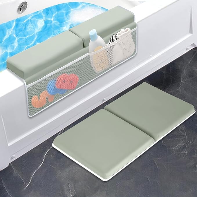 JJGoo Bath Kneeler with Elbow Rest Pad Set, 1.5 inch Kneeling Pad Mat for Bathtub Baby Bathing Parents, Painless Foam Mat with Toy Organizer Pockets, Non-Slip for Baby and Toddler Bathing