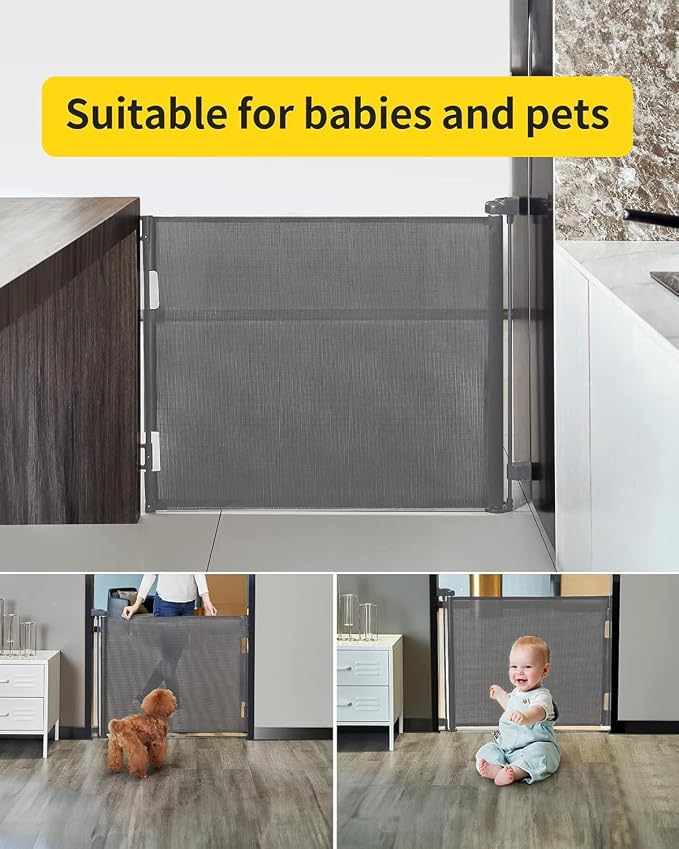 Retractable Baby Gate,Mesh Baby Gate or Mesh Dog Gate,33" Tall,Extends up to 71" Wide,Child Safety Gate for Doorways,Stairs,Hallways,Indoor/Outdoor(Grey,33"x71")
