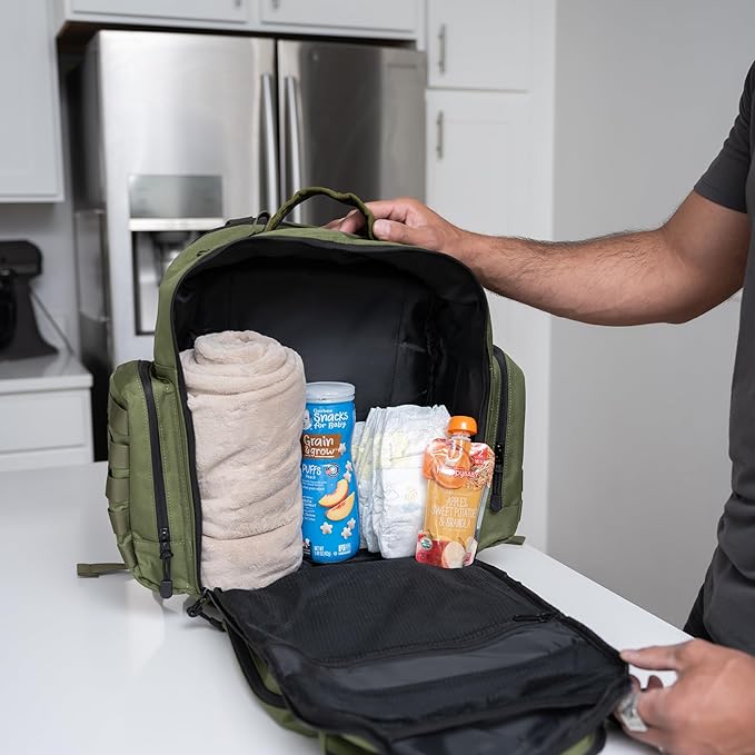 Green Dad Diaper Bag - Molle-Style Military Diaper Backpack Made of Rugged 900D Waterproof Polyester with Wider Extra-Long Straps, Dirty Diapers Pouch, Baby Wipes Dispenser & Insulated Bottle Pockets