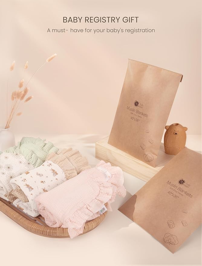 lulumoon Muslin Baby Blanket for Girls: Breathable Soft Cotton with Ruffle Edge - Lightweight Crib Blanket for Stroller & Photography Backdrop 40"x36"(Bunny)