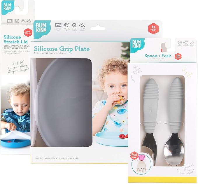 Bumkins - Silicone Grip Plate, Fork & Spoon & Lid - For Ages 18 Months+ - Suction Base - 100% Food-Safe Silicone - Oven, Microwave, Freezer, & Dishwasher Safe - Gray