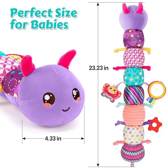 Baby Sensory Toys for 0-6 6-12 Months, Musical Stuffed Caterpillar Toy with Crinkle Rattle Mirror, Baby Essentials Infant Tummy Time Toys for 3 6 9 12 18 Months, Newborn Boys Girls Shower Gifts