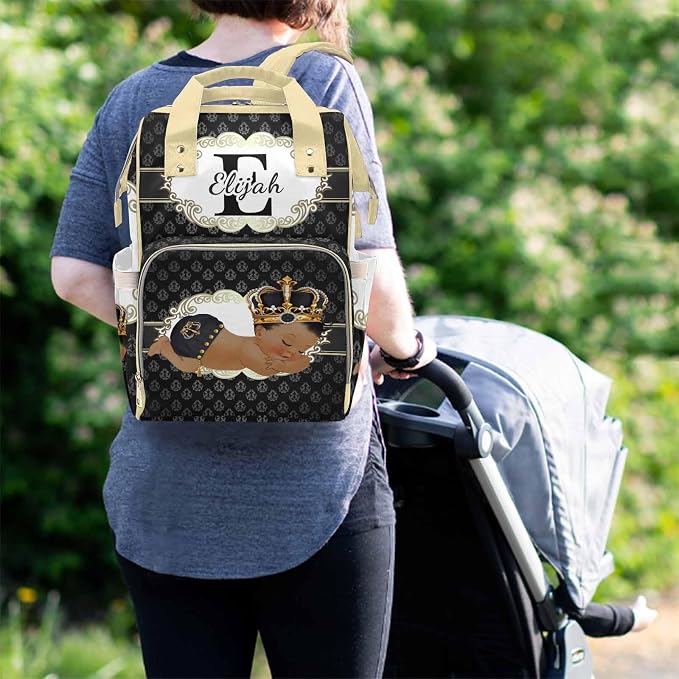 M YESCUSTOM Personalized Baby Diaper Bags for Women Men, Custom Brown Prince Backpack Customized Nappy Mommy Bag Backpack for Son Daughter Travel, Camping, Hiking Picnic
