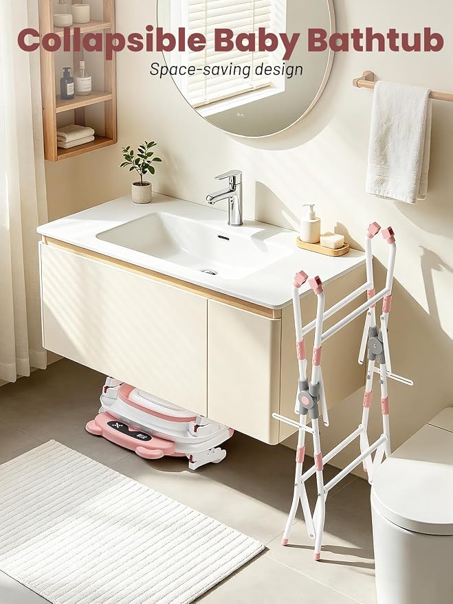 Baby Bathtub with Stand, Foldable Metal Standing Baby Bath Tub, 3-in-1 Anti-Slip Collapsible Tub with Cushion Storage Pad, Elevated Design for Newborn Toddler, Pink