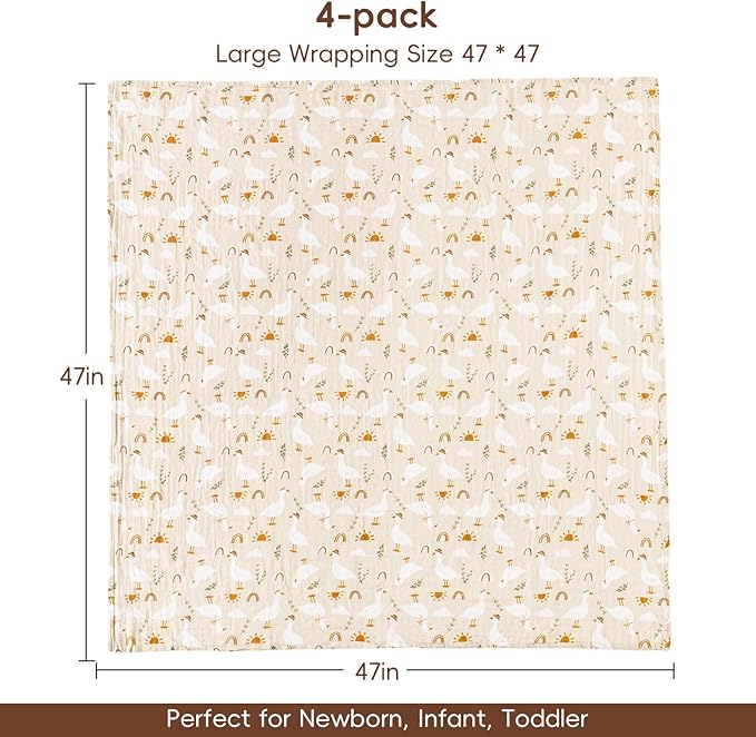 david's kids 4 Pack Baby Muslin Swaddle Blankets, 100% Cotton and Ultra Soft Breathable Receiving Blanket Wrap for Boys Girls, New Born Essentials, Large 47 x 47 inches, Farm & Duck