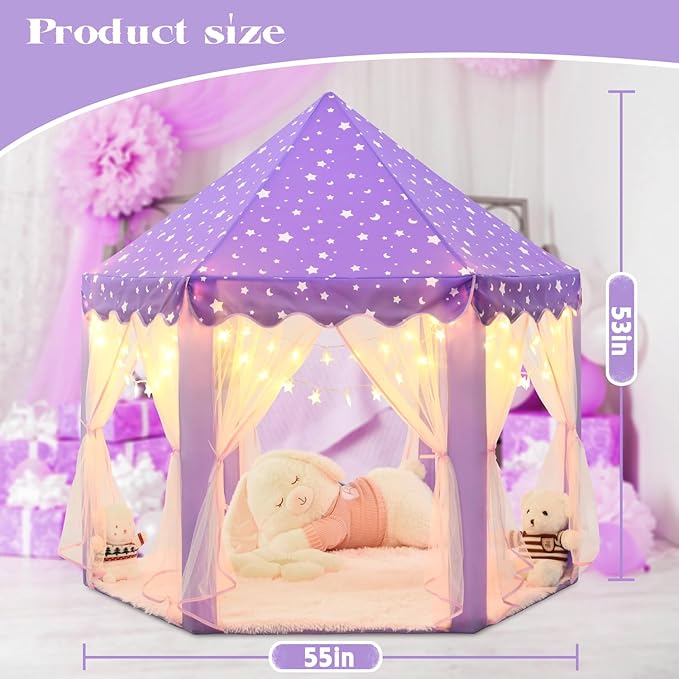 Purple Princess Tent for Girls, Kids Play Tent with LED Small Star Lights, Castle Playhouse Tent for Children Toddlers Indoor Outdoor Games, 55×53 Inches
