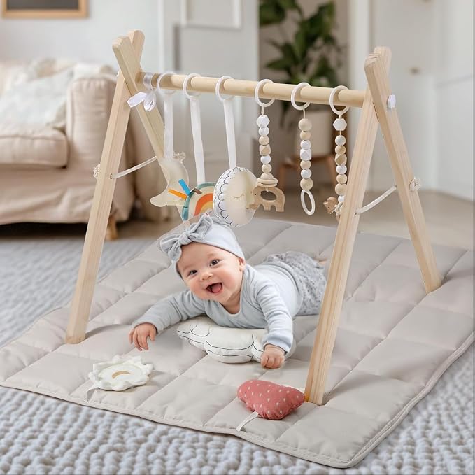 Wooden Play Gym with Beige Mat, Foldable Baby Play Gym, Infant Activity Mat with 6 Hanging Toys, Natural Pine Wood Frame Activity Center, Easy to Assemble & Clean, Newborn Present for Boys & Girls