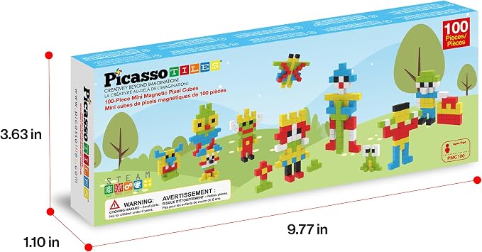 PicassoTiles 100pcs 0.5” Pixel Magnetic Puzzle Cube Mix & Match Cubes Sensory Toys STEAM Education Learning Building Block Magnets Children Construction Toy Set Stacking Magnet Creative Kit PMC100
