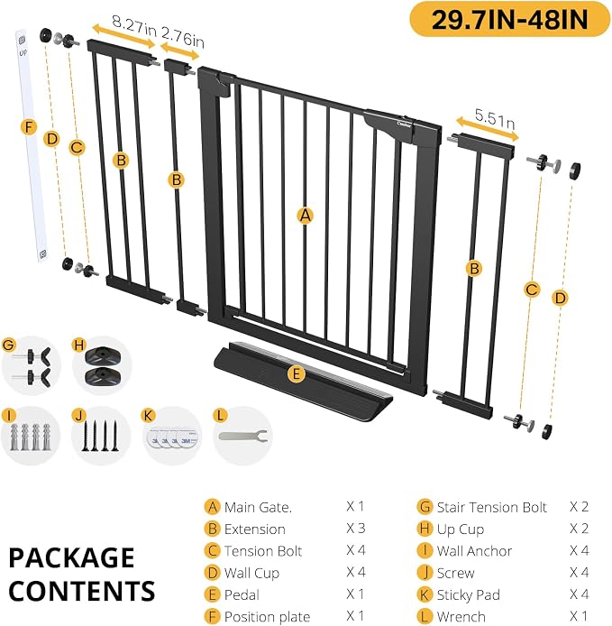 Cumbor 29.7-48" Baby Gate for Stairs, Mom's Choice Awards Winner-Dog Gate for Doorways, Auto Close Safety Pet Gate for Dogs Indoor, Easy Install Pressure Mounted Child Gate with Walk Thru Door, Black