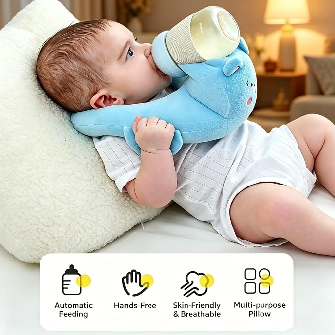 Bottle Holder Pillow Plush, Feeding Nursing Assistant Hands Free, Ergonomic Bottle Support Cushion, Soft Animal Cover Protector, Machine Washable (Beige)