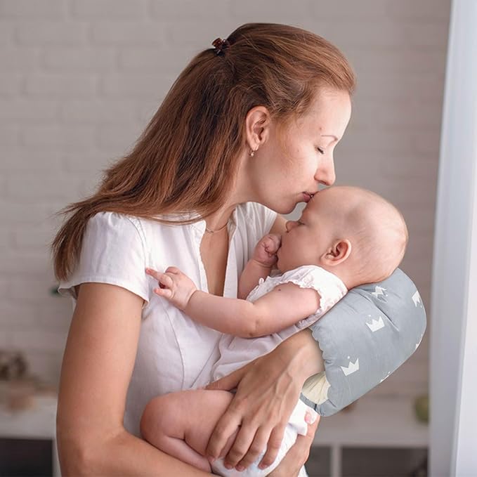 Baby Feeding Arm Pillow,Soft Cotton Bottle Nursing Arm Pillows for Newborn,Breastfeeding Pillows for More Support for Mom and Baby,Portable and Washable,Ergonomic Nursing Essentials(Grey Crown)