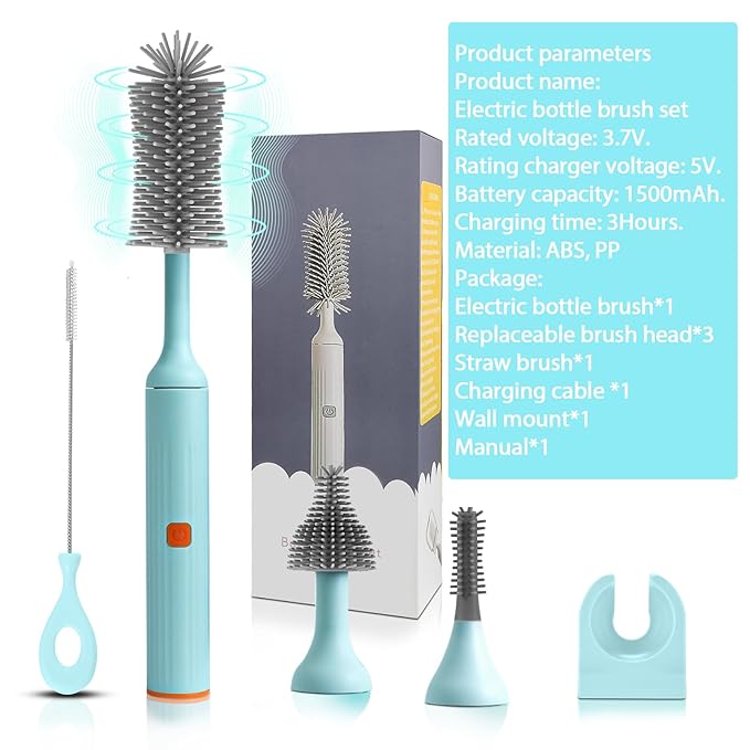Electric Baby Bottle Brush Set with Rechargeable Electric Bottle Brush Cleaner and Replaceable Silicone Bottle Brushes and Straw Brush Cleaner, Waterproof Multi-Purpose Cleaning Brush(Blue)