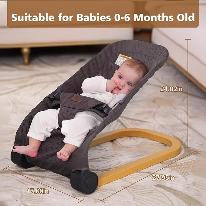 Baby Bouncer,Portable Baby Bouncer Seat & Foldable with 3 Height Adjustments, Ergonomic Bouncer for Babies 0-6 Months, Wood Grain Style, Natural Vibrations, Includes Storage Bag (Mesh Grey)
