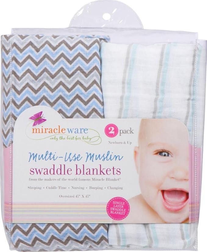 Miracle Blanket Soft Muslin Swaddles Newborn Nursery Sleep Essential - Pack of 2 Warm Wraps (Blue & Grey Stripes & Chevrons)