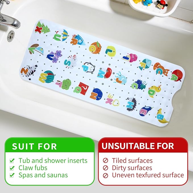 Baby Bath Mat for Tub Non Slip Kids Bathtub Mat Extra Long 40X16 Inch Toddler Bath Tub Shower Mat Anti Slip with Suction Cups & Drain Holes, Machine Washable (Alphabet)