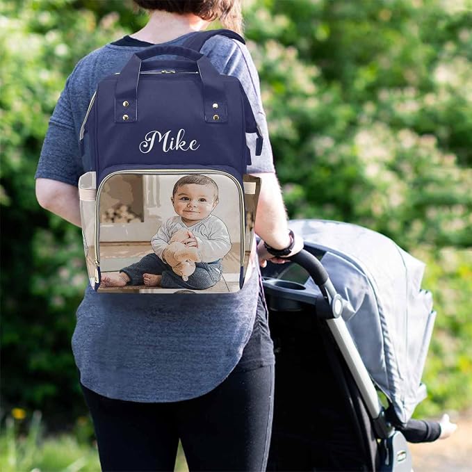 M YESCUSTOM Custom Diaper Bag with Name & Photos for Mom Dad, Personalized Blue Diaper Backpack with Text Waterproof Nappy Mommy Bag for Mother's Day New Born Gift
