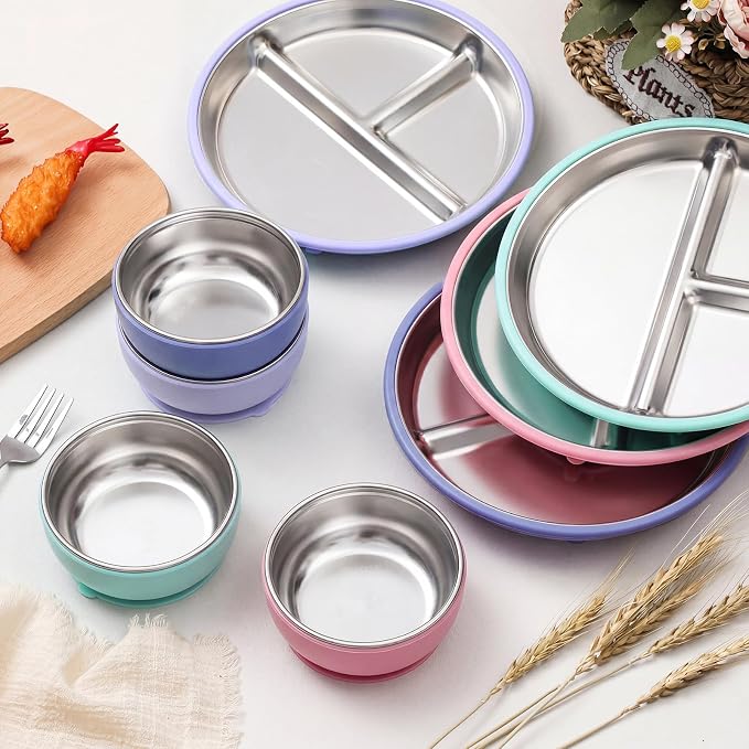 Havawish 8 Pcs Stainless Steel Baby Plate and Bowl with Suction, 8.3" Kid Divided Plate 4" Toddler Bowl with Removable Silicone, BPA-free Non-slip Baby Feed Set Dishwasher Safe for Boy Girl (Gray)