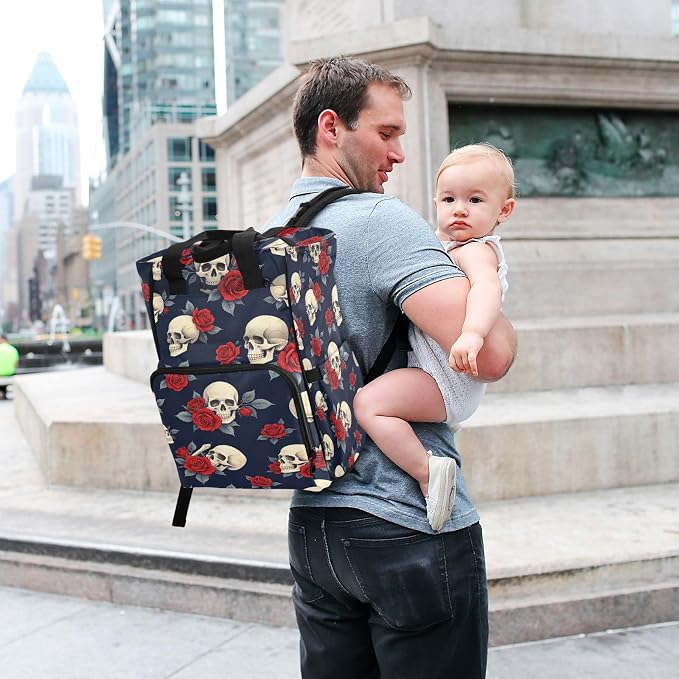 Skull Red Roses Diaper Bag Stroller Straps Unisex Mom Dad